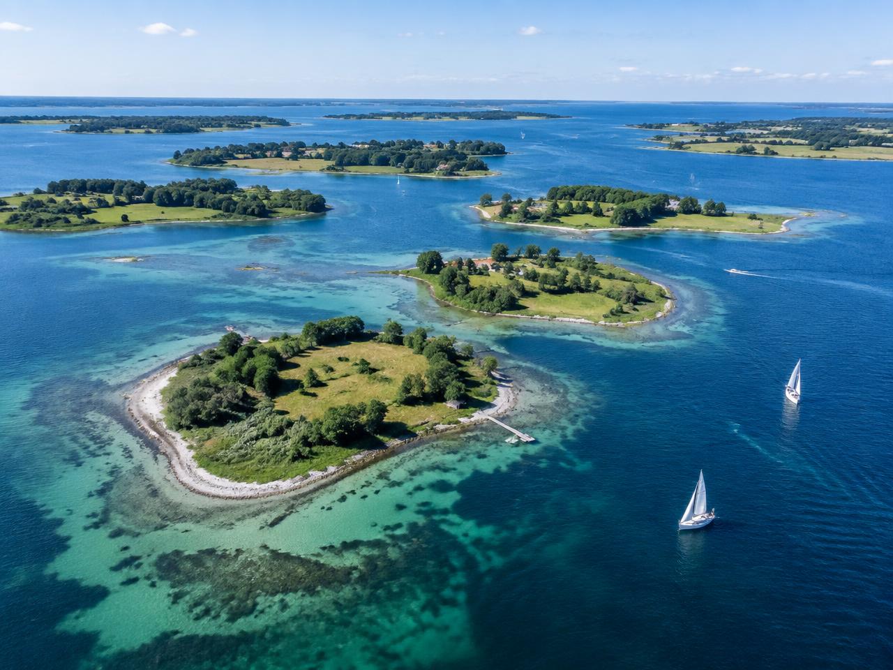 Luftfoto af små grønne øer og sejlbåde i Det Sydfynske Øhav